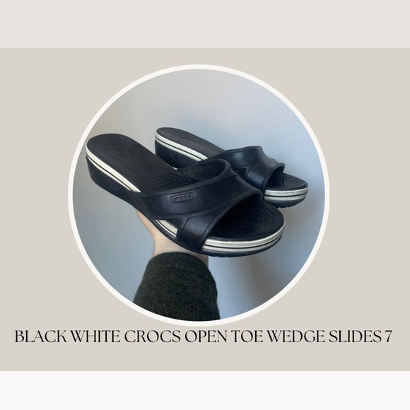 BLACK WHITE CROCS OPEN TOE WEDGE SLIDES 7 **AS IS - Picture 1 of 5